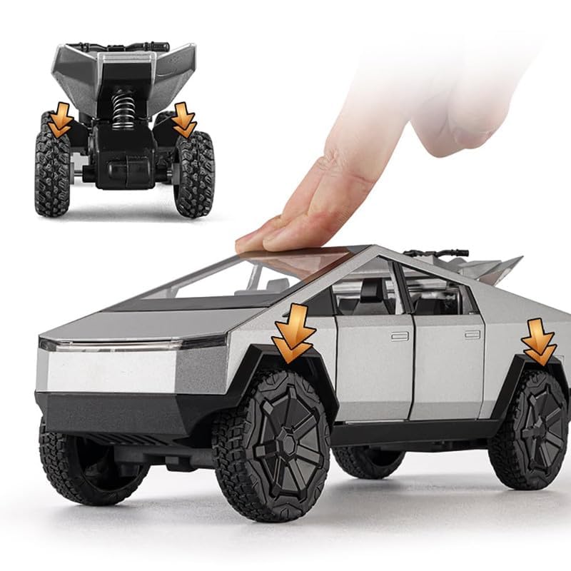 Image of New 1:24 CyberTruck Diecast Alloy Metal Pull Back Car with Openable Doors Music Sound and Light Vehicle Toy Car for Kids Boys (Silver)