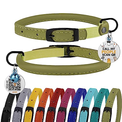 Bronzedog Cat Collar With Bell Kitten Rolled Leather Collars Safety Qr Id Name Tag (8" - 10", Olive Green) #TOP4