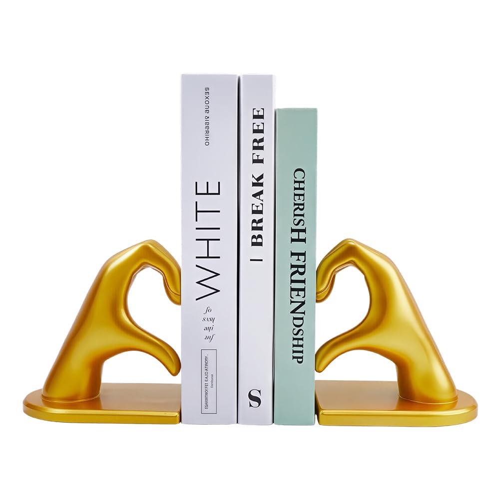 WADORN 2Pcs Bookends Heart Design Gold Decorative Book Ends for Heavy Books, Heavy Duty Book Ends Non-Slip Creative Bookend Stopper Bookshelf Accessories for Office Apartment Desktop