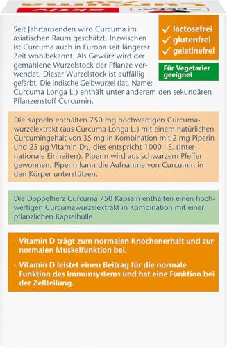 Doppelherz Curcuma 750 mit Curcumin + Vitamin D3 1000 I.E. – Vitamin D unterstützt die normale Funktion des Immunsystems – 60 Kapseln