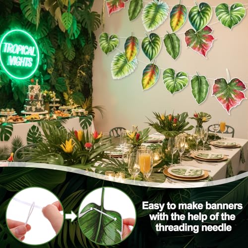 Image of Yeaqee 2 Pcs Tropical Palm Leaf Banner Garland Double-sided Summer Green Palm Waterproof Hawaiian Birthday Party Paper Backdrop Decoration for Luau Tropical Bachelorette Birthday Wedding Baby Shower