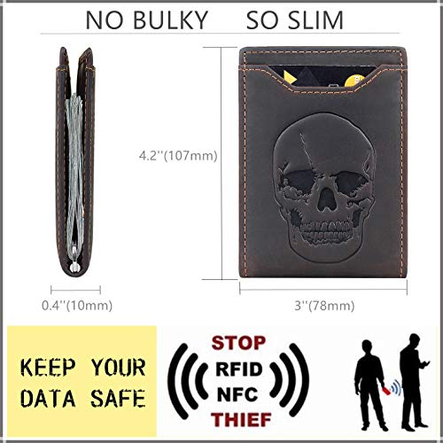 DK86 Men's Leather Skull Slim Wallet with Money Clip Minimalist Bifold Front Pocket wallet for Men RFID Blocking Full Grain Leather (Coffee Skull) - Image 4