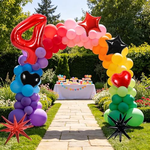 Image of TONIFUL 4th Birthday Balloons Kit 40 Inch Red Large Number 4 Foil Balloon | with 18Inch Helium Mylar Heart Star Balloons for Kids Women Men Birthday Anniversary Graduation New Year Eve Party Decoration