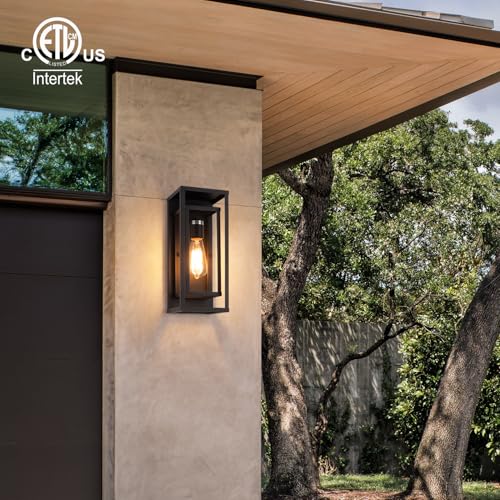 Image of mirrea 14 inch Modern Outdoor Porch Wall Light, Matte Black, 1 Pack | Waterproof rectangular wall sconce with clear glass & metal frame. Perfect outdoor light fixture for entryways, patios.