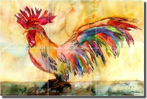 Abstract Rooster Ceramic Tile Mural Backsplash 18" x 12" - King of The Barnyard by Phyllis Neufeld - Kitchen Shower Decor