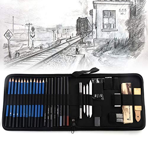 Fealay 40Pcs Sketching Pencil Set Drawing Pencil Sketch Pencils Set for Artists Adults Children Includes Charcoals Pastels and Zippered Carry Case