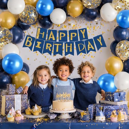Image of Navy Blue and Gold Confetti Balloons - 50pcs 12 Inch Metallic Blue Gold Matte White Latex Balloons with 33 Feet String for Birthday Wedding Gender Reveal Party Decorations