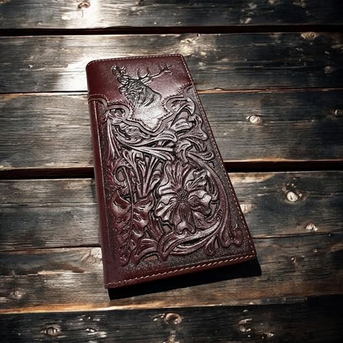 Long Leather Wallet – Buck Deer Hunter Embossed Design – Laser Cut Floral Pattern – Bi-Fold Western Wallet for Men – Hunting Ranch Leather Wallet2