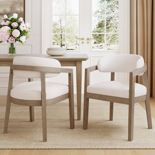 Christopher Knight Home Set of 2 Lanford Fabric Upholstered Dining Chairs, Curved Backrest Kitchen Side Chair, Soft Padded Seat&Back Cushion, Solid Wood Armchair, Ergonomic Extra Seat,Beige+Light Ash - Thumbnail 3