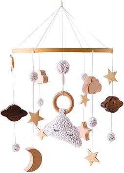 Baby Mobile for Crib, Elephant/Clouds Nursery Mobile, Baby Crib Mobile with Stars, Moons and Clouds Boho Nursery Decor for Girls Boys