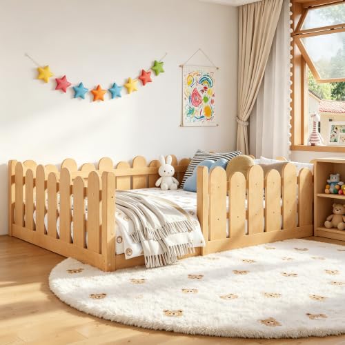 Image of Bellemave Full Size Kids Montessori Floor Bed,Floor Bed Frame with Rounded Safety Guardrail,Solid Wood Montessori Bed for Girls Boys,Natural