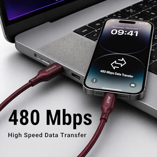 Image of PHILIPS DLC4150LI /94 27W iPhone Original Type-C to Lightning Fast Charging Cable (1.5m, Iron Red) | MFi Certified | 480Mbps Data Sync | Nylon Braided | Compatible with iPhone & Other Lightning Devices