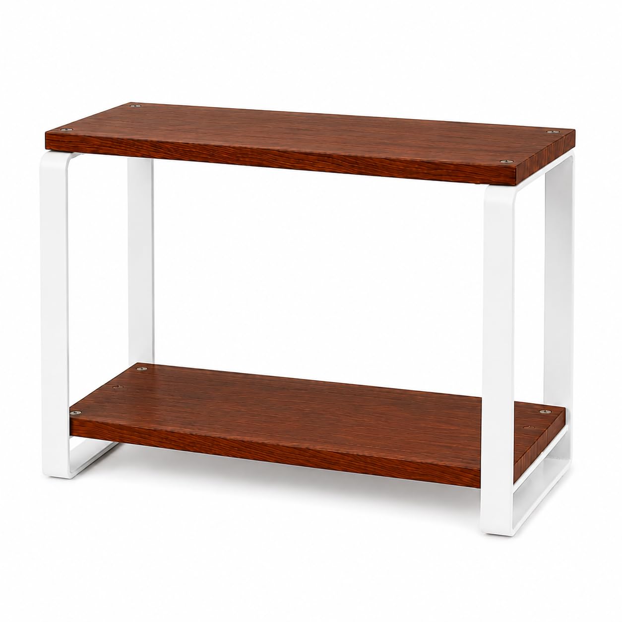 2-Tier Side End Table with Wood Shelves and Metal Frame | Industrial Design, Open Storage, White Metal Frame, Brown Wood Finish, Living Room Use-image-11