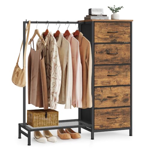 SONGMICS Dresser with Hanging Rod, 5 Fabric Drawers, Bottom Shelf by SONGMICS - Used condition - US$42.22