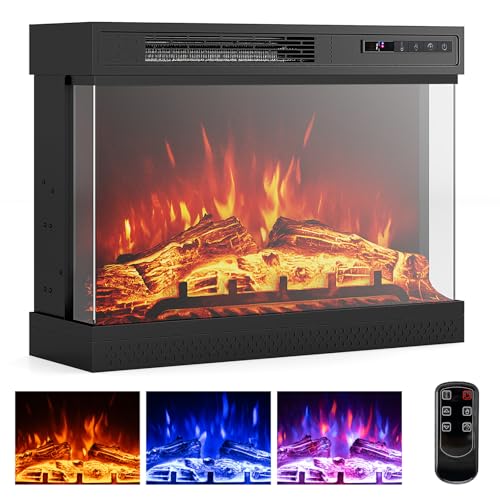 COSTWAY 24 Inches 3-Sided Glass Electric Fireplace, 750W/1500W Fireplace Heater with Remote Control, Adjustable Flame Color & Brightness, 1H-6H Timer, Thermostat and Overheat Protection