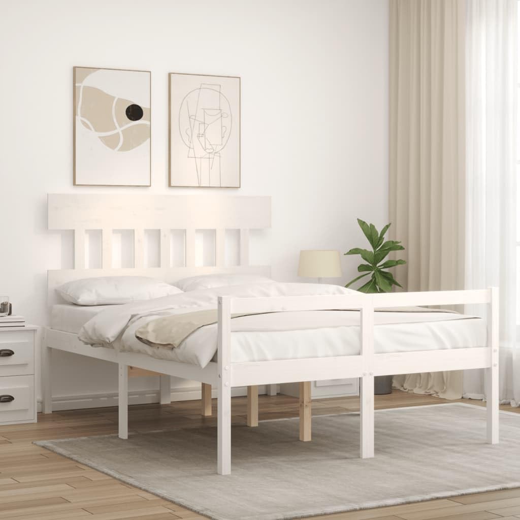 Seniorenbett aus massivem Kiefernholz 140x190 cm Weiß mit Kopfteil, Lattenrost und Stauraum, seniorengerechtes Holzbettrahmen für Schlafzimmer und Gästezimmer