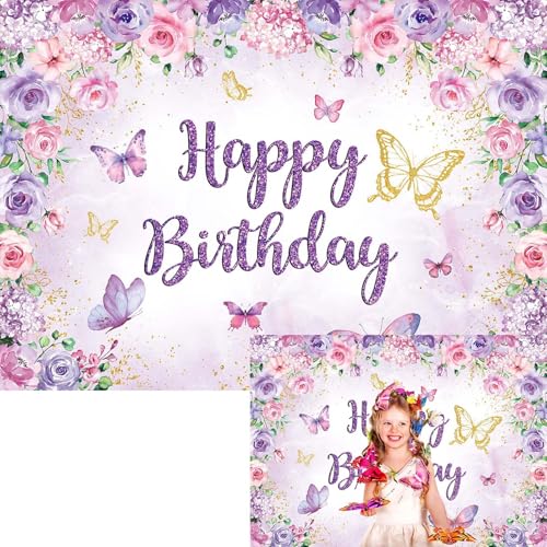 BINQOO Butterfly Birthday Backdrop 7x5FT Purple Butterfly Happy B...