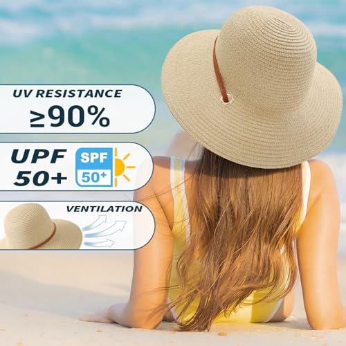 Image of Beach Hat for Women, Wide Brim Sun Straw Hats for Women, Sun Hat Womens UPF 50+ UV Protection, Floppy Foldable Summer Hats
