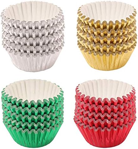 SUBANG 400 Pieces Christmas Foil Cupcake Liner Baking Cups Muffin Tins Treat Cups Foil Metallic Cupcake Liners for Weddings,Birthdays,Baby Showers,Red Green Silver and Gold