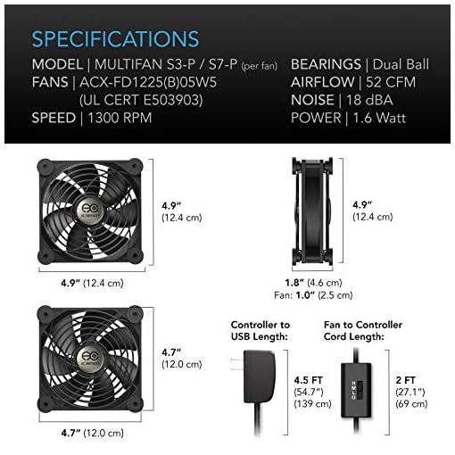 AC Infinity MULTIFAN S7-P, Quiet Dual 120mm AC-Powered Fan with Speed Control, for Receiver DVR Playstation Xbox Component Cooling - Image 7