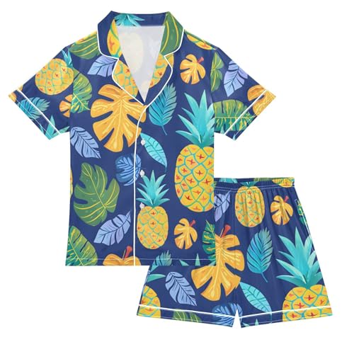 ALAZA Tropical Leaf Pineapple Fruit Pajamas Satin Pajama Set Short Sleeve Button Down Sleepwear