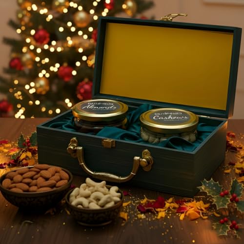 Image of Purevida Premium Dry Fruits Gift Box - 300g (Almonds 150g + Cashews 150g) | Christmas & New Year Gift Hamper | Elegant Green Box with Glass Jars | Healthy Festive & Corporate Gifting (Pack of 3)