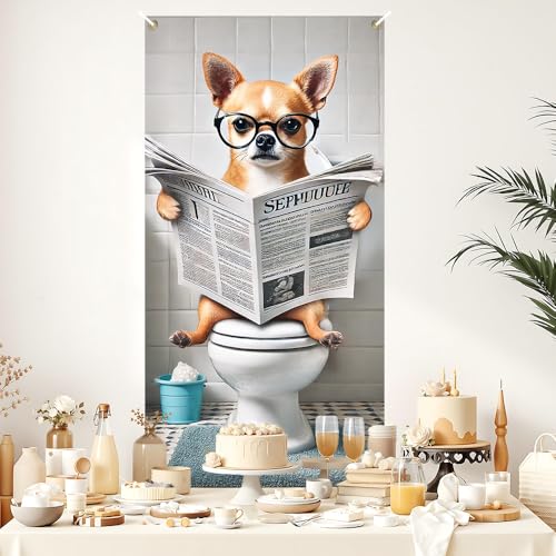 Image of Funny Chihuahua Toilet Newspaper Dog Door Cover 35x71in