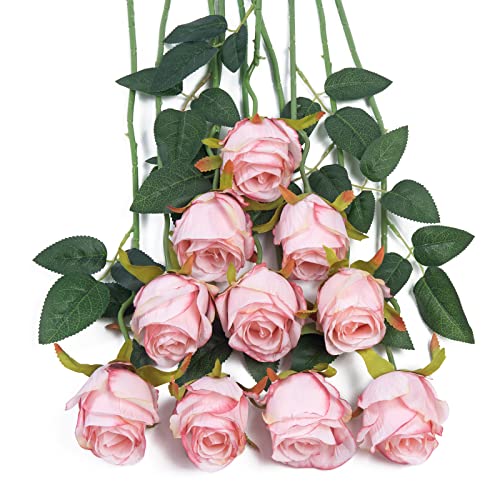 DuHouse 10pcs Artificial Silk Roses Fake Flowers Bouquet Long Stems for Wedding Home Party Decoration(Light Pink)