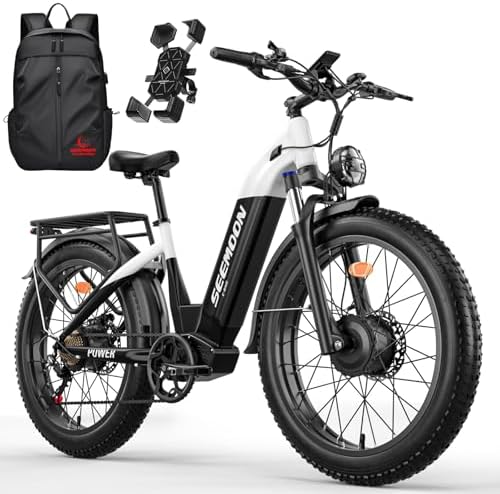 Seemoon 3000W Dual Motor Electric Bike for Adluts,52V 20Ah 26" Fat Tire Fast Ebike,Max 38 mph, up to 105 Miles, Hydraulic Brakes, Step-Through Design, Off-Road Mountain Hunting AWD Ebike (Black)