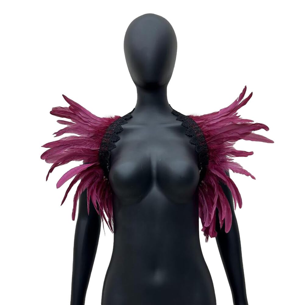 Cbpneisek Women's Pure Red Wine Feather Stole Shawl,Natural Feather Shawl Gothic Feather Shrug Cape Shawls Feather Cape/564