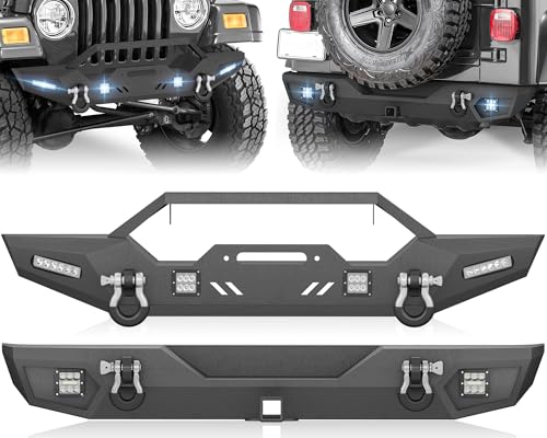 YZONA for Jeep Wrangler TJ YJ LJ Front & Rear Bumpers Compatible with 1987-2006 Jeep Wrangler TJ YJ LJ Unlimited with Winch Plate 7 x LED Lights Light Bar Bracket D-rings 2 Hitch Receiver Black
