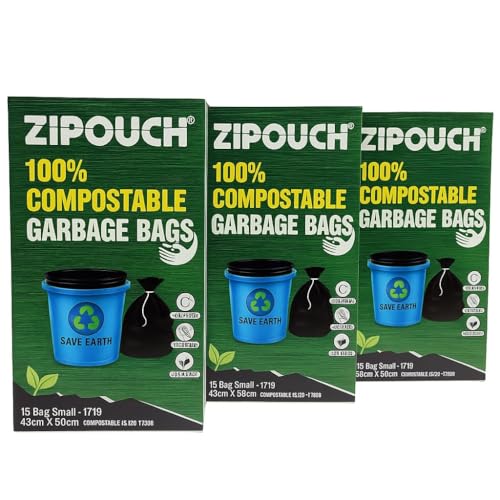Zipouch Compostable Garbage Dustbin CoverSmall Size (17x19), 45 Bags (3 Boxes) | Dustbin Liners| Trash Bags| Kitchen Bags|Black - Color, 45 Pieces
