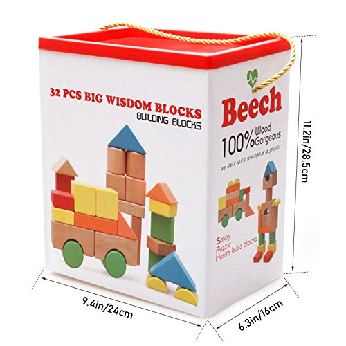 Lewo Large Wooden Blocks Construction Building Toys Set Stacking Bricks Board Games 32 Pieces - Thumbnail 5