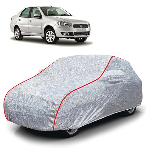 Image of Sulfar 100% Waterproof Car Body Cover Compatible with Mirror for Fiat Siena (Triple Stitched, Full Bottom Elastic, Magic Silver with Red Piping)