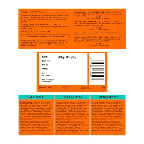 Image of Yogabar 10g Protein Wafer Bars Variety Pack | Strawberry Pop, Dark Chocolate & Cookies & Cream | Crunchy High Protein Bars | 0% Maida | Made with Goodness of Millets and Multigrain | 40g Each | Pack of 10