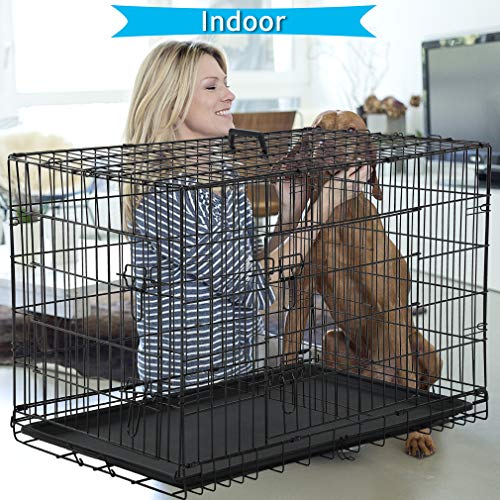 Dog Crate Dog Kennel Cage 42” Portable Foldable Indoor Outdoor Large Double Door Wire Metal Puppy Cat Pet Dog Cage With Abs Tray Lc & Divider, Black #TOP2