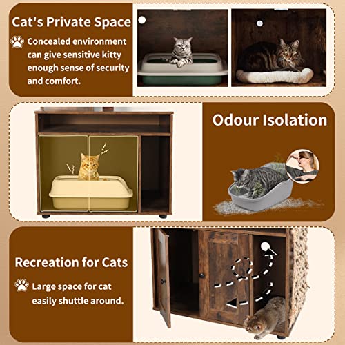 Cat Tree With Cat Litter Box Enclosure, Hidden Cat Washroom Furniture With Divider, Large Wooden Cat House With Cat Tree Condo, Scratching Post And Soft Plush Perch Rustic Brown #TOP2