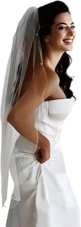 Wedding Veil 1 Tier Elegant Crystals Beaded Edge Bridal Veil Soft Tulle Fingertip Length