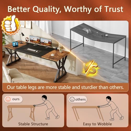 Image of 63 inch Large Computer Desk with Thickened Frame for Home Office, Living Room | Modern Simple Executive Desk, Larger Gaming Desk with X-Shaped ReInchforcement, Rustic Brown /Black