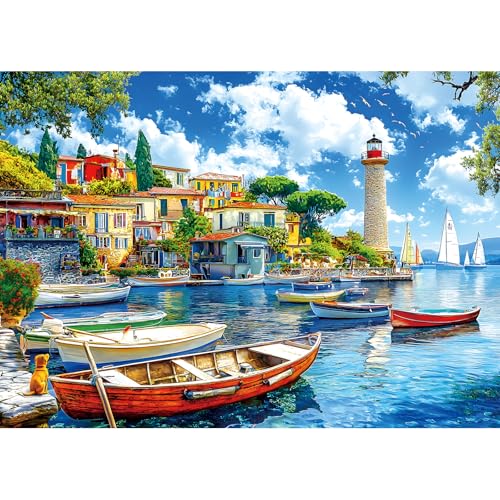 1000 Piece Jigsaw Puzzle for Adults Seaside Harbor Colorful Houses Lighthouse Sailboats Scene Beautiful Mediterranean Sea Landscape Challenging...