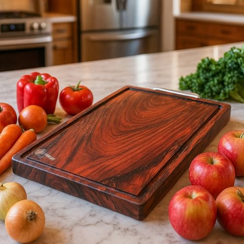 Image of Single Piece Food Safe Sheesham Wood Chopping Board| 100% Polish & Dye Free| Wooden Cutting Block for Kitchen| Juice Groove| Reversible| Big Size (15x10 Inches) (Rosewood Large)