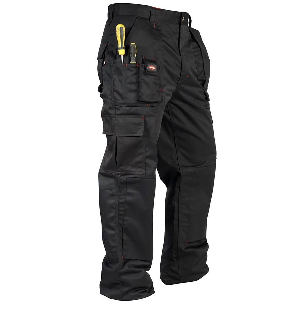 Lee Cooper Men's Workwear Cargo Trousers with Knee Pad Pockets – Heavy Duty Multi Pocket Safety Work Pants, Durable Easy Care Work Trousers for Construction and Trade (Black, 38W/33L)