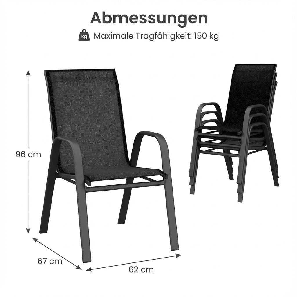 GarveeTech Set de 4 Sillas Apilables de Jardín, Respaldo Alto y Reposabrazos, Estructura Metálica y Textilene Transpirable, Ideales para Patio, Terraza y Balcón, Cómodas y Resistentes, Color Negro