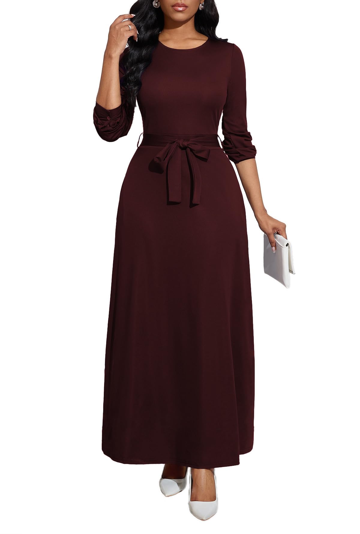 BubFee Long Dress for Women Casual Long Sleeve Dresses Maxi Dress Empire Waist Loose with Belt