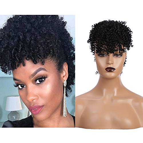 Afro High Puff Drawstring Ponytail Kinky Curl Synthetic Hair Bun with Bangs Updo Hair Extensions with Clips Black DX053BK
