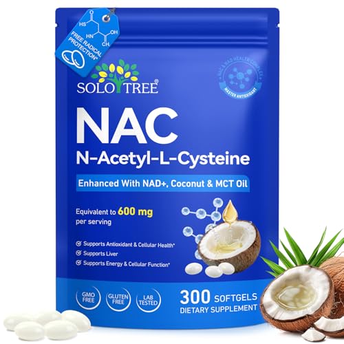 NAC N-Acetyl L-Cysteine 600 mg Equivalent with NAD+ Coconut & MCT Oil Antioxidant & Cellular Energy Support Glutathione Precursor Formula Non-GMO Gluten Free 300 Softgels