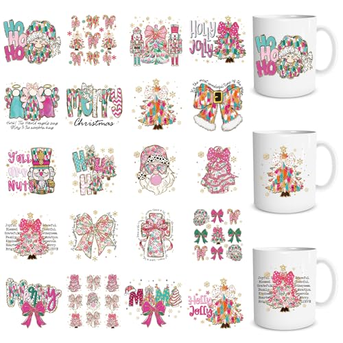 Rngmsi Christmas UV DTF Stickers - 20 Pcs Colorful Christmas UV DTF Cup Wraps for 16 oz Xmas Pink Bow Waterproof Glitter UVDTF Transfer Decals for Glasses Cups Mug DIY Crafts