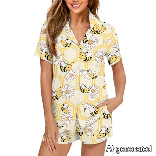Image of Renewold Women's Short Sleeve Pajama Set Button Down Sleepwear with Notch Collar Soft Lounge Top and Shorts with Pockets