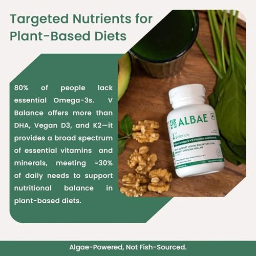 Image of Albae V-Balance | 250mg Algal DHA Omega-3 + 11 Essential Vitamins & Minerals | Targeted Nutrition for Vegetarian & Vegan Diets | Vitamin D3, K2, Calcium, B12 & Iron | 180 Lemon-Scented Softgels