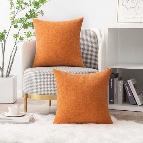 Image of MIULEE Pack of 2 Orange Throw Pillow Covers 18x18 Inch Soft Chenille Pillow Covers for Sofa Living Room Couch Fall Home Decor Solid Dyed Cases
